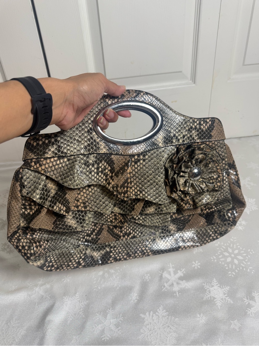 Nicole by Nicole Miller Faux Snakeskin Ruffle Rosette Clutch Bag Y2K McBling
